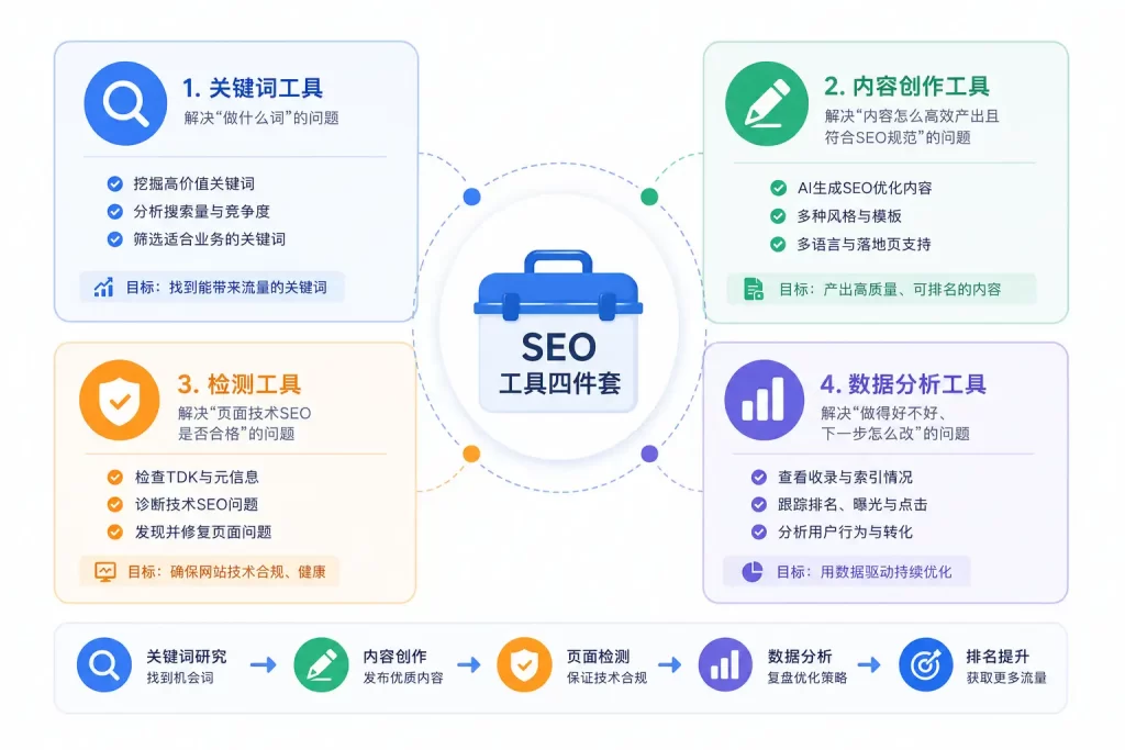 外贸SEO工具链怎么搭?关键词、内容、检测、数据四件套全解析 1 外贸SEO工具, SEO工具推荐, 关键词工具, Semrush, Google Search Console, 出海企业