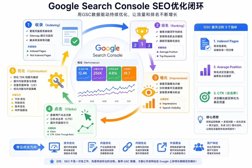 Google Search Console查看网页收录、排名与点击数据，读懂收录异常状态，并通过TDK与内容优化持续提升外贸网站的谷歌排名