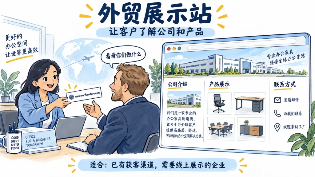 外贸展示站通过公司介绍、产品展示和联系方式帮助客户了解企业