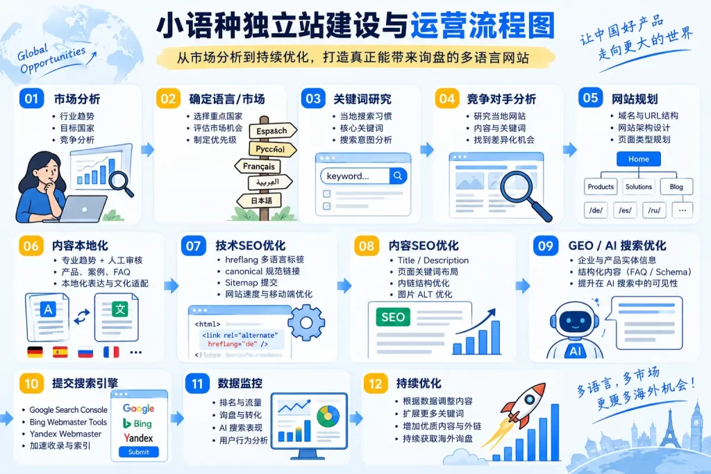 外贸小语种独立站怎么做?从市场选择、网站建设到 SEO 与 GEO 优化完整指南 4 外贸小语种独立站SEO与GEO优化流程